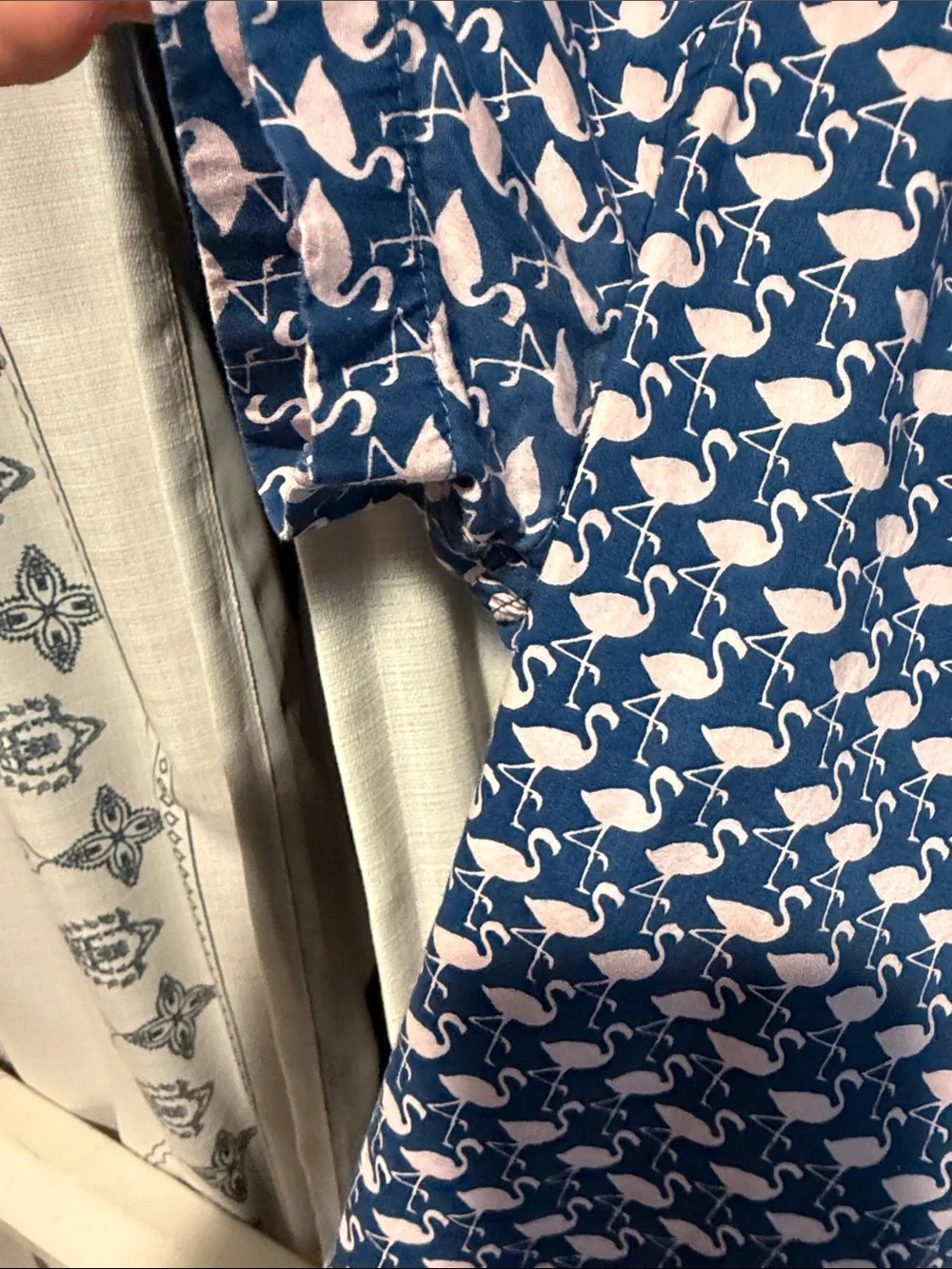 J. Crew Navy Short-Sleeve Button-Down with Pink Flamingo Print